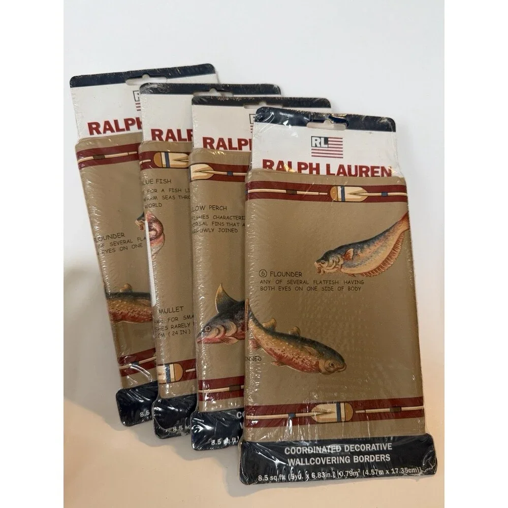4 Ralph Lauren Clear Creek Burlap Fish Cabin Lodge Wallpaper Border Sealed Lot